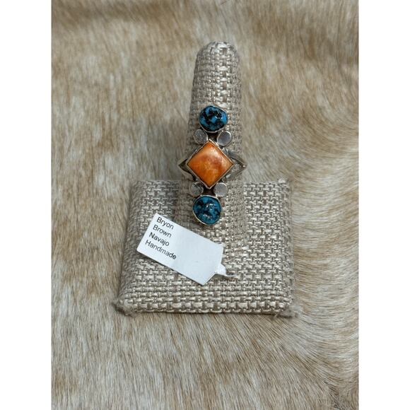 Native American Bryon Brown Handmade Sterling Spiny Oyster Turquoise Ring 9 - Picture 11 of 14